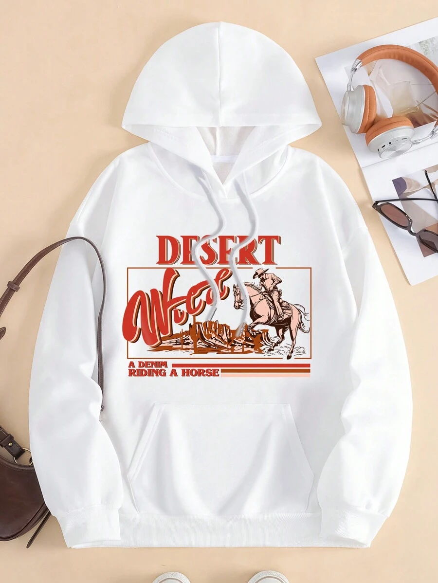 SHEIN EZwear Đúng mốt Lỏng lẻo phù hợp Lông cừu Hoodie Với dây rút , Túi Và Mẫu chữ In Đối với Giải trí Mặc In Mùa Thu Và Mùa Đông - trắng - Xem 1