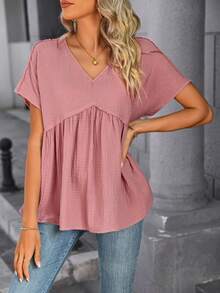 SHEIN LUNE V領短袖上衣 - 藕粉色 - 查看 5