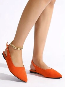 Ladies' Simple Style Faux Suede Pointed Toe Backless Mules With Open Back & Low Block Heel - Orange - View 4
