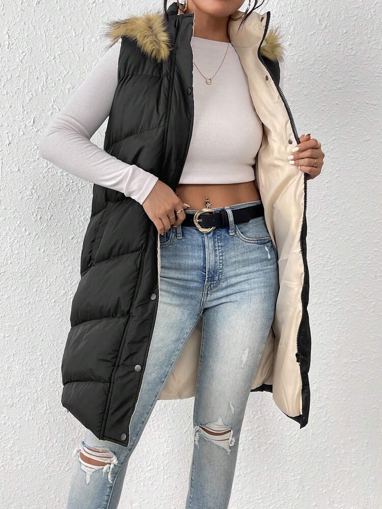 Padded Coat With Hooded And Fuzzy Details On The Side Pockets Winter Black Casual