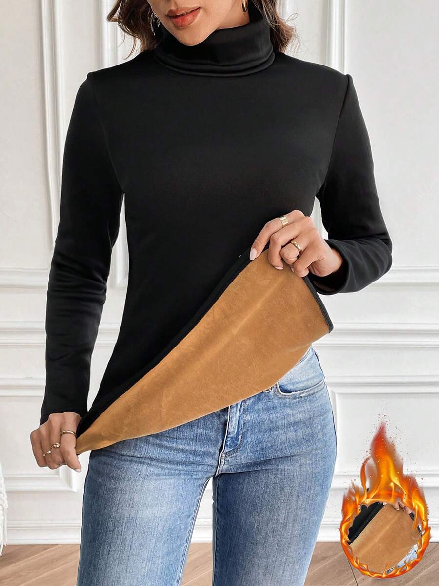 SHEIN Frenchy 女士高领保暖衬里 T 恤 - 黑色 - 查看 1
