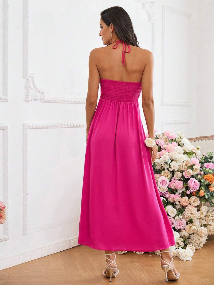 Women Valentine's Day Romantic Date Party Halter Neck Ruffle Dress In Rose Red