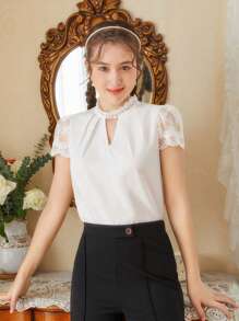 SHEIN 少女編織拼接蕾絲空心寬鬆休閒襯衫 - 白色 - 查看 6