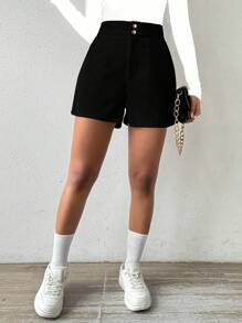 SHEIN Luminelle Pantalones Cortos De Color Sólido Para Mujer - Negro - Ver 6