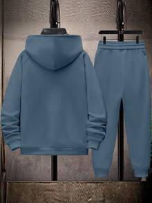 男士休閑字母印花拉鍊前開衫和慢跑運動長褲套裝,多功能 - 藍色 - 查看 2