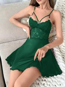 SHEIN 女士纯色蕾丝拼布镂空吊带睡衣睡裙 - 墨綠色 - 查看 1