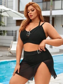 SHEIN Swim Curve 夏季大码带扣带边纯色比基尼套装 - 黑色 - 查看 4