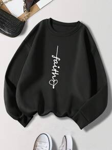 SHEIN EZwear Của phụ nữ In thư Lông cừu Áo nỉ - màu đen - Xem 1