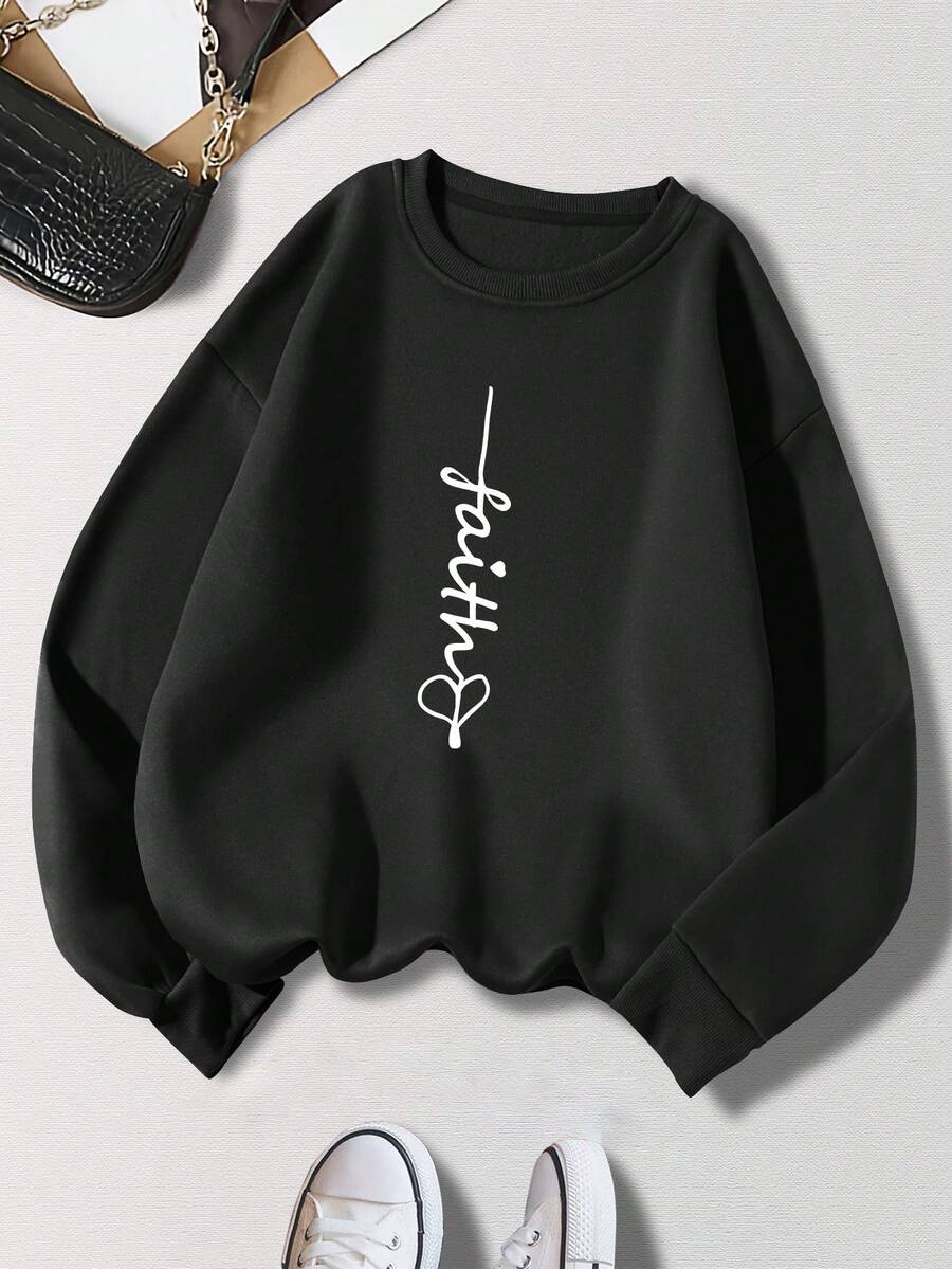 SHEIN EZwear Của phụ nữ In thư Lông cừu Áo nỉ - màu đen - Xem 1