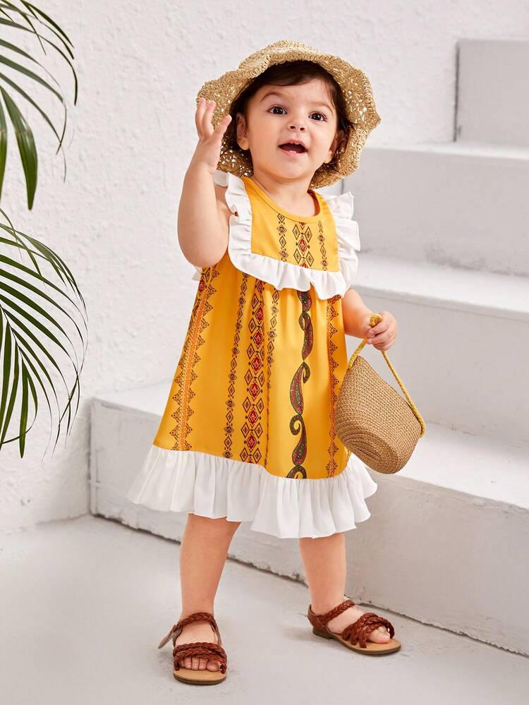 Baby Girls' Retro Geometric & Vacation Pattern Ruffle Hem Dress
