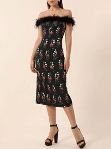 SHEIN Privé Váy midi ôm họa tiết hoa trễ vai thanh lịch và chắp vá lông thú cho nữ - màu đen - Xem 4