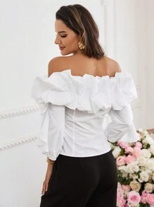 SHEIN Privé 情人節女裝誇張荷葉邊襯衫 - 白色 - 查看 7