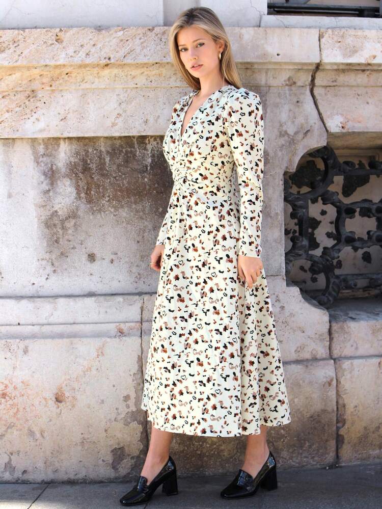 Women'S Printed Pleated Long Sleeve Dress Winter Vacation Flower Beach