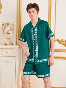 SHEIN Set de cămașă și pantaloni scurți cu mânecă scurtă, cu imprimeu geometric, pentru adolescenți, potrivit pentru vară