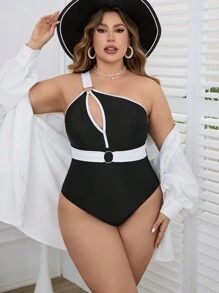 SHEIN Swim Curve 大尺碼顏色積木中空一體式泳裝 - 黑與白 - 查看 4