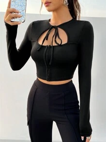 SHEIN ICON 純色繫帶多扣鏤空短t卹 - 黑色 - 查看 4
