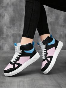 女士新款休閒色塊高頂運動鞋,前綁帶設計,適用於運動和日常穿著的多功能時尚選擇 - 彩色 - 查看 2