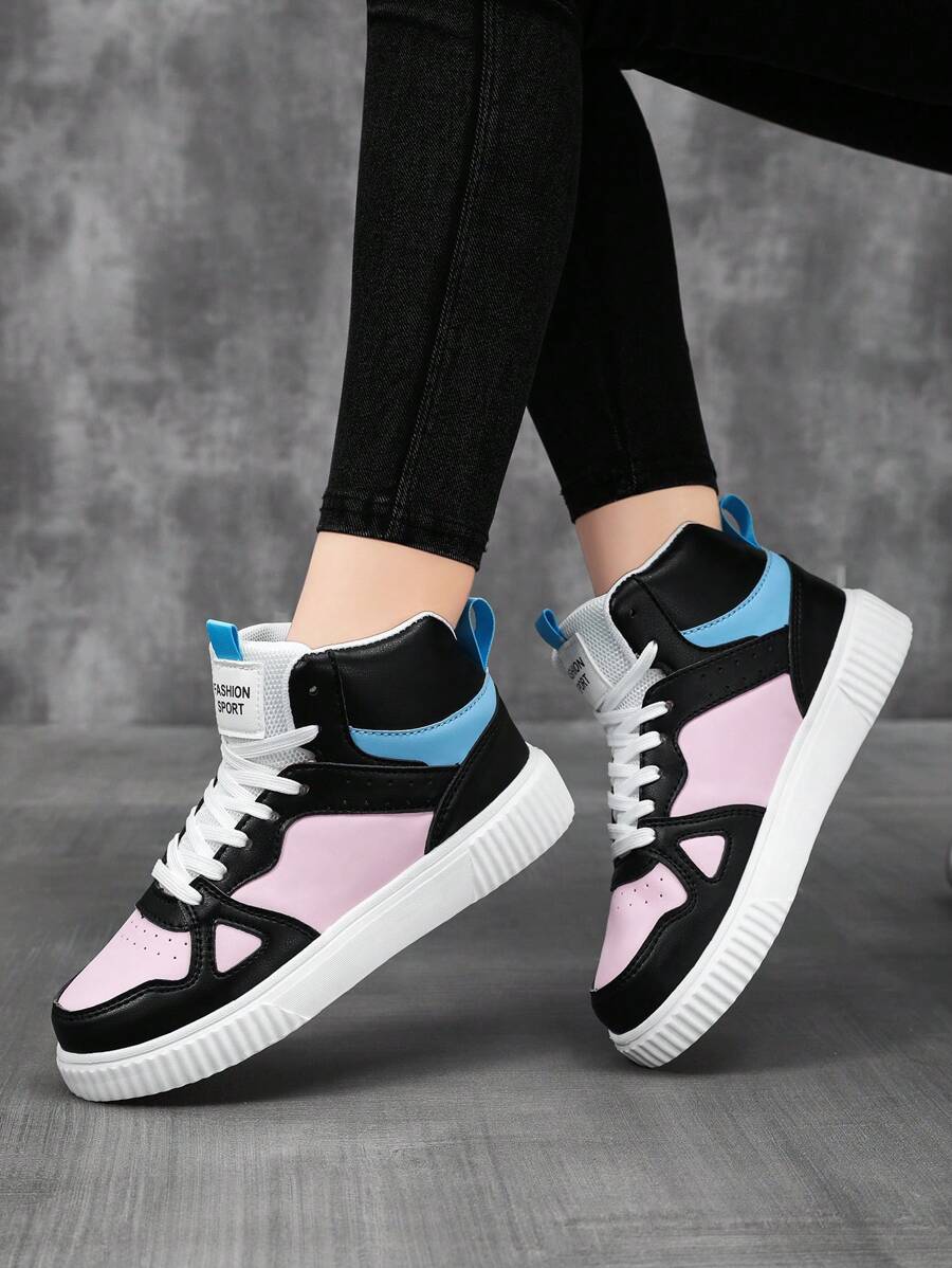 女士新款休閒色塊高頂運動鞋,前綁帶設計,適用於運動和日常穿著的多功能時尚選擇