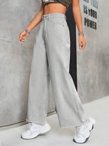 SHEIN Unity Women's Wide Leg Jeans With Frayed Hem - Light Grey - View 3