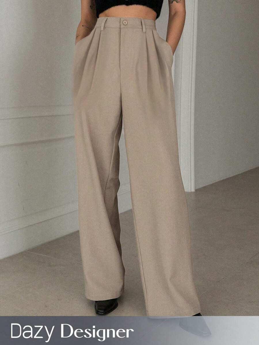 Dazy Designer Quần ống rộng có túi cho nữ, Quần giáo viên - Màu Khaki - Xem 1