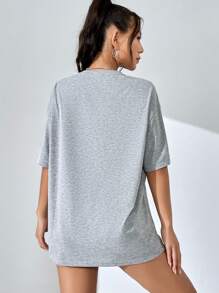 SHEIN EZwear 鬆身女款外星印花下落肩t恤,帶有字母印花 - 淺灰色 - 查看 2