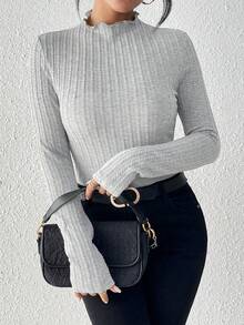 SHEIN Frenchy 生菜邊立領長袖t卹 - 灰色 - 查看 4