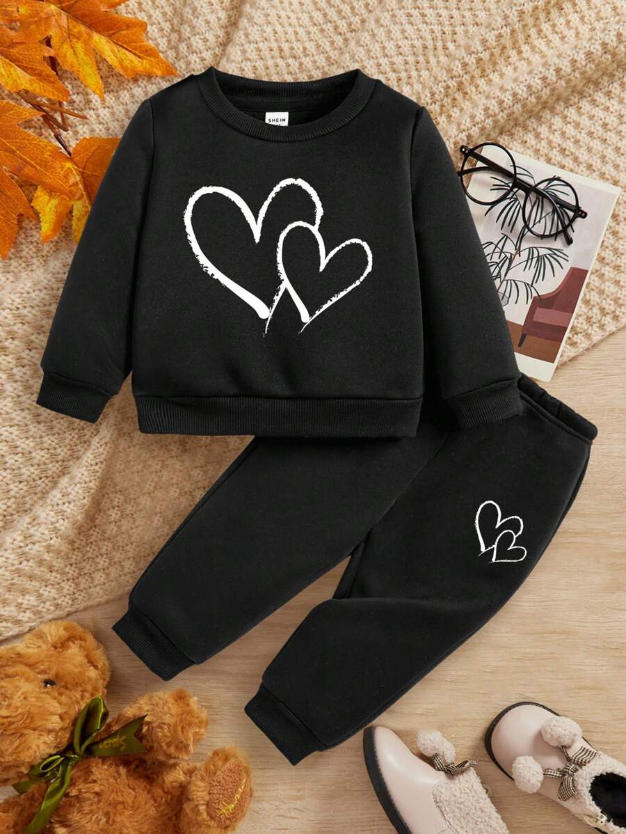 Leap Crew Baby Girls' Casual Heart Patterned Round Neck Sweatshirt And Trousers Set, Suitable For Autumn And Winter - Black - View 1