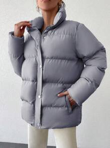 EURMUSE Zip Up Snap Button Puffer Coat - Grey - View 3
