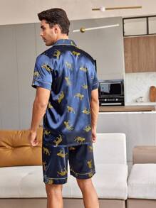CoupledUp Animal Print Satin Men Loungewear Set - Navy Blue - View 2