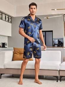 CoupledUp Animal Print Satin Men Loungewear Set - Navy Blue - View 3