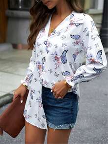 Women's Butterfly Print Single-Breasted Long-Sleeved Shirt Dress,Long Sleeve Tops - White - View 4