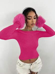SHEIN Unity Women'S Off Shoulder Splice Sweater - Hot Pink - View 3