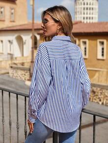 SHEIN Privé Striped Print Drop Shoulder Shirt - Blue - View 2