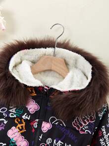 Tween Girls' Street Style Printed Parka Padded Coat With Collar And Hooded Waist Drawstring Fall Winter - Multicolor - View 6