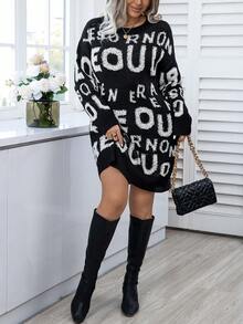 Calvaya 大尺碼女式全字母圖案短版針織毛衣連身裙 - 黑色 - 查看 7