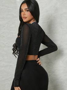 Hauture 对比色镂空扭纹亮片长袖短款性感上衣 - 黑色 - 查看 2