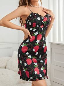 Strawberry Printed Ruffle Hem Cami Sleep Dress - Black - View 1