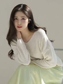 DAZY V-Neck Loose Fit Drop Shoulder Sweater Linen,Fall Clothes - White - View 1