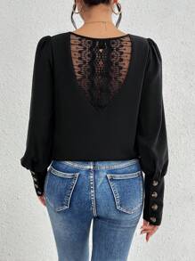 SHEIN Frenchy Của phụ nữ Tay áo dài Áo sơ mi Với Trở lại Ren Vá lại - màu đen - Xem 3