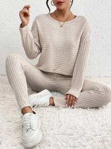 SHEIN Frenchy 女士純色下肩兩件套裝 - 杏色 - 查看 1