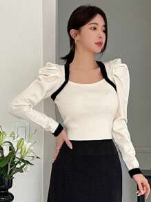 Dazy Designer 女士拼色泡泡袖毛衣、荷叶边、秋装 - 米色 - 查看 6