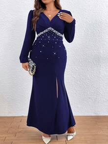 SHEIN Belle 女式大尺碼珍珠裝飾高開衩連身裙 - 藏蓝色 - 查看 4