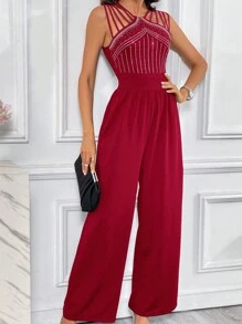 SHEIN Privé Women'S Rhinestone Decor Hollow Out Jumpsuit - Burgundy - View 3
