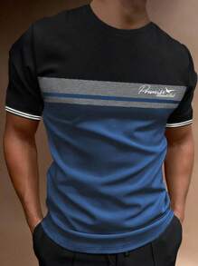 SHEIN Manfinity Homme Men Plus Size Round Neck Letter Printed Casual Color Block Short Sleeve T-Shirt, For Going Out - Blue - View 1
