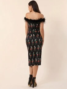 SHEIN Privé Váy midi ôm họa tiết hoa trễ vai thanh lịch và chắp vá lông thú cho nữ - màu đen - Xem 2