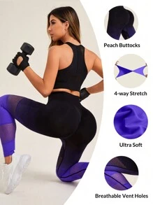 SHEIN Yoga Trendy Gradient & Fishnet Patchwork Wide Waistband Athletic Leggings - Multicolor - View 4