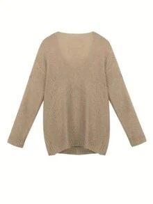 休闲百搭宽松纯色V领毛衣 - 卡其色 - 查看 2