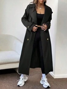 SHEIN EZwear 翻領紐扣長風衣 - 黑色 - 查看 5