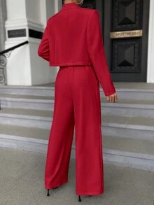 SHEIN Privé Solid Lapel Neck Blazer & Wide Leg Pants - Red - View 2