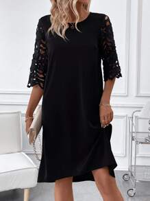 SHEIN Clasi Women'S Solid Color Hollow Out Sleeve Dress - Black - View 3